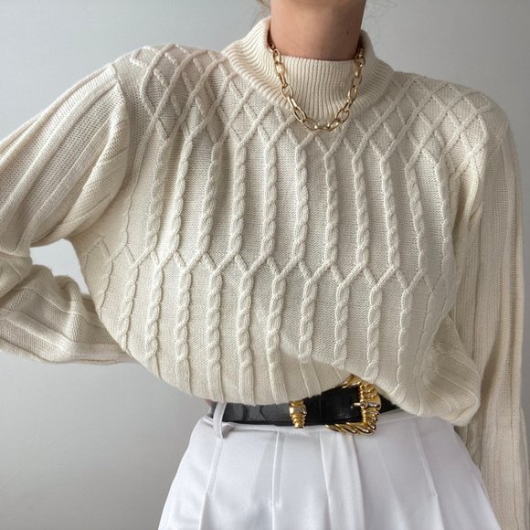 Vintage Sweaters - Vintage Ivory Geometric Knit Mock Neck Pullover